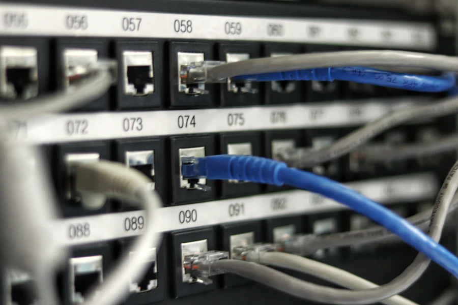 Patch panel de red con cables conectados